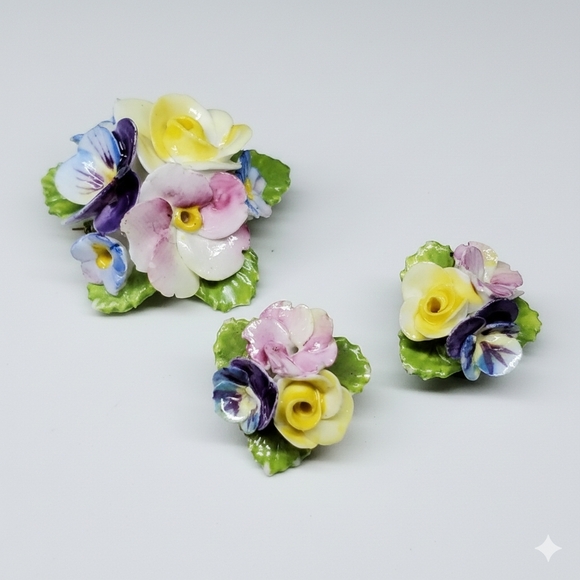 Bone China Brooch & Earrings Set England Vintage Porcelain Floral Bouquet Flower - Picture 5 of 10